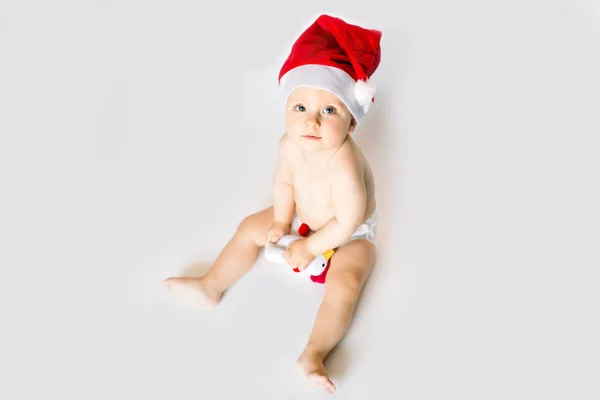 Petit Enfant Avec Chapeau Père Noël Tenant Petit Bébé Bonhomme — Photo