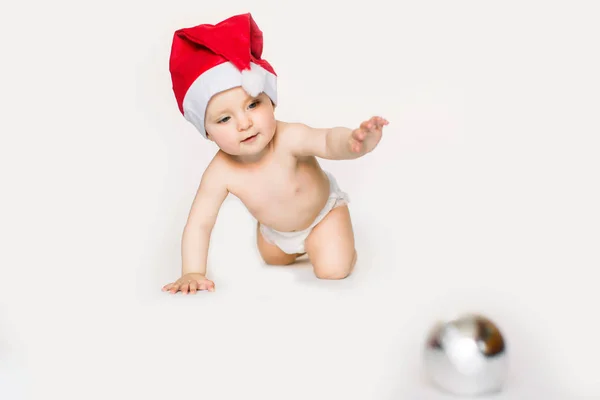 Bébé Heureux Dans Costume Noël Père Noël Avec Boule Noël — Photo