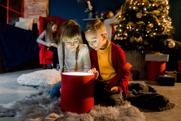 美しい小さな子供たちを見て魔法の贈り物 クリスマスの物語の本を読むし クリスマス ツリーを飾るために兄弟姉妹の — ストック写真