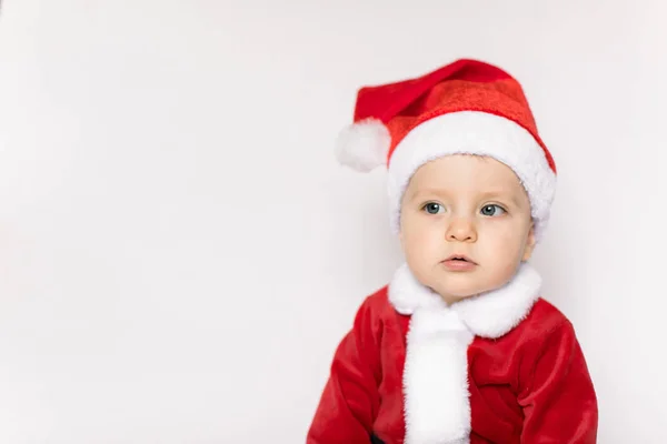 Noël Tout Petit Dans Chapeau Père Noël Sur Fond Blanc — Photo