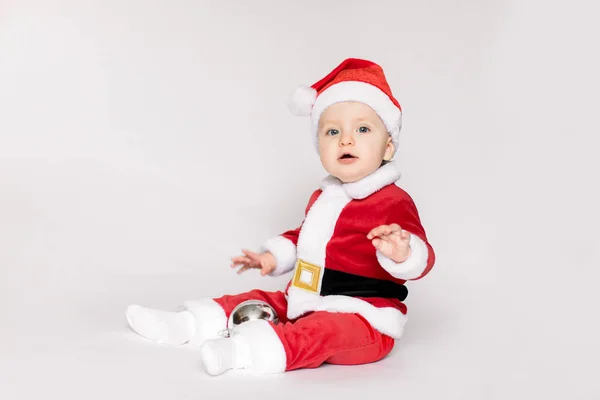 Cute Little Toddler Girl Wearing Santa Costume Photographed White Background — Stock Photo, Image
