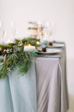 Konuklar, mavi mum, çam süsleme ve çiçekler ve düğün pastası studio tablo için plakalı güzel bir şekilde dekore edilmiş tablo