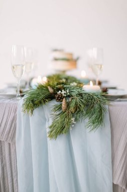 Konuklar, mavi mum, çam süsleme ve çiçekler ve düğün pastası studio tablo için plakalı güzel bir şekilde dekore edilmiş tablo