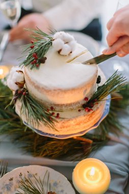 Gelin ve damat çam, çilek ve pamuk çiçek ile dekore düğün pastanı kesme