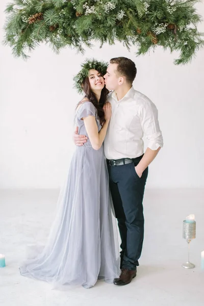 Beautiful Bridesmaid Handsome Groomsman Studio Hugging — Stock Photo, Image