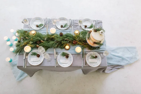 Casamento Banquete Mesa Para Convidados Com Bolo Casamento Pratos Decorados — Fotografia de Stock