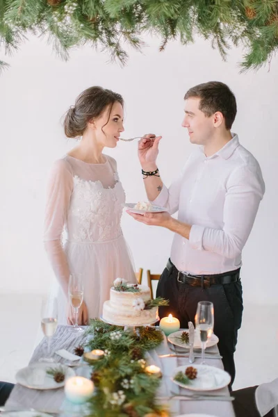 Sposa Sposo Mangiare Torta Nuziale Decorata Con Pino Bacche Fiori — Foto Stock