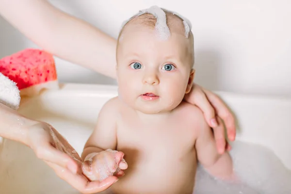 Happy Laughing Baby Taking Bath Playing Foam Bubbles Little Child — Stock Photo, Image