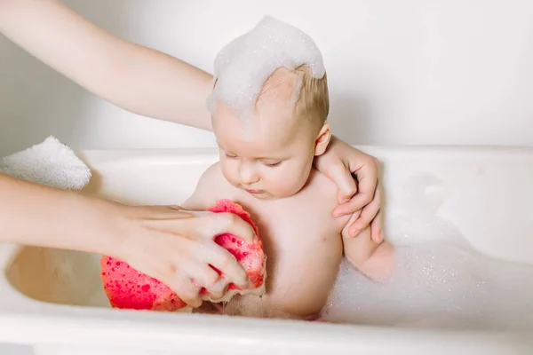 Happy Laughing Baby Taking Bath Playing Foam Bubbles Little Child — Zdjęcie stockowe