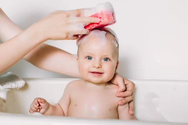 Happy Laughing Baby Taking Bath Playing Foam Bubbles Little Child — Stock Photo, Image