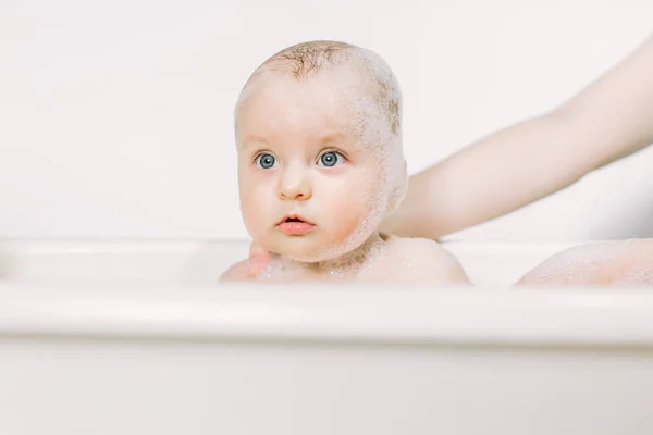 Happy Laughing Baby Taking Bath Playing Foam Bubbles Little Child — Stock Photo, Image