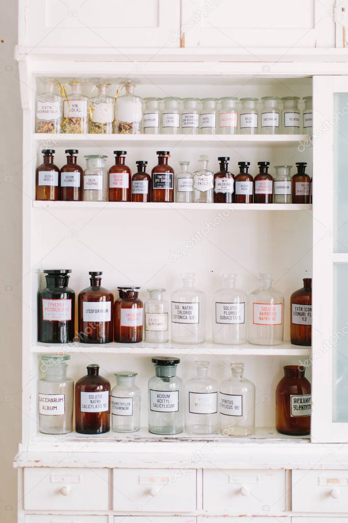 Shelves with bottles of drugs in ancient drugstore