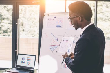 Afrikalı-Amerikalı adaylara ofiste iş görüşmesinde konuşurken iş takım. genç Afro Amerikalı adam ayakta ve beyaz tahta yakınındaki bir raporu yapar .