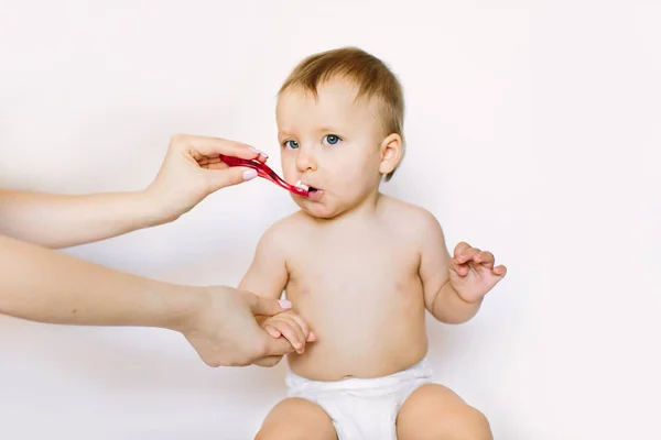 Mother Helping Baby Brush Teeth Green Toothbrush — Stock Photo, Image