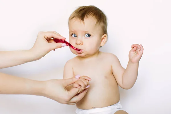 Lactente Com Escova Dentes Mãe Ensinando Bebê Menina Dentes Escovação — Fotografia de Stock