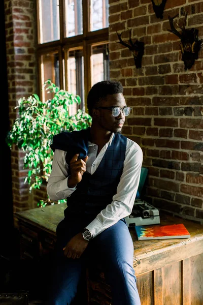 Portrait Pensive Young African American Man Eyeglasses Blue Jacket — Stock Photo, Image