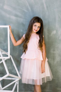 Eğitim tatil İlköğretim öncesi gençler olay parti kutlamak kavramı. Şok büyüleyici güzel şirin tatlı güzel ihale hafif gri arka plan üzerinde izole uzun pürüzsüz düz saçlı portresi