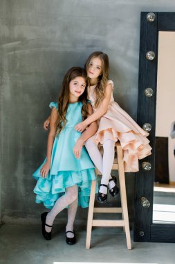 gri bir arka plan üzerinde poz iki güzel küçük kız, bir tanesi bir tahta sandalyede oturuyor ve diğer ona sarılarak