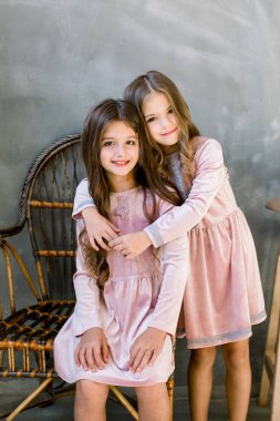 İki şık genç küçük kız pembe elbise gri arka plan, dostluk ve ilişkisi hedeflerine, poz güzel.