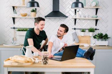 Having kahvaltı dizüstü bilgisayarda birlikte evde dalga köpüğü enterne süre erkek beyaz gay çift. Homoseksüel aşıklar başka bir kucaklama evde arıyorsunuz