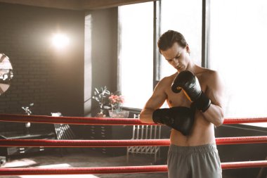 Boks ve spor kavram. Atlet boxer deri kutu ekipman boks ring ile. Boksör hits yapar ve eğitim olarak yumruklar. Adam kıl ve ciddi bir yüz giyer boks eldivenleri.