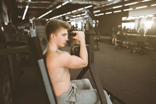 Portrait of sporty man during strength training in gym. Concentrated sporty guy during workout in gym