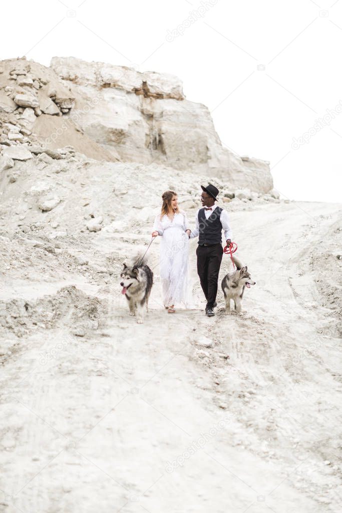 Stylish couple with big dogs in desert. Concept of successful relationship, style and happy moments. Fashion wedding photography
