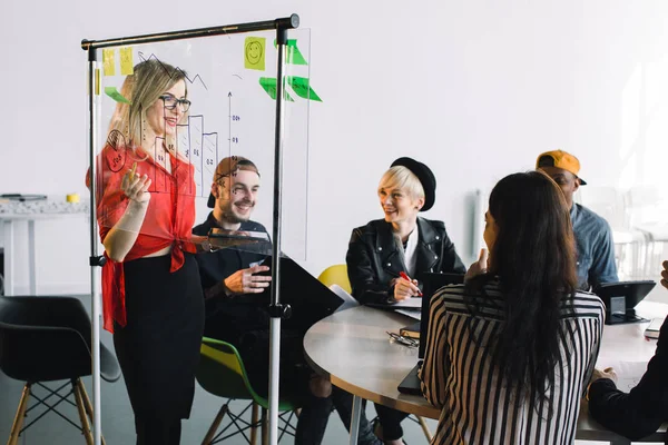 Portrait of young female team leader of talented freelances organizing work of members motivates and inspire them to make researching, standing near glass board in modern coworking space