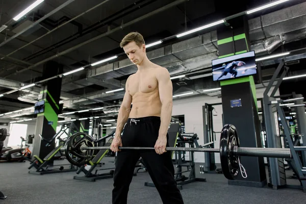 Strakke krachtige Kaukasische man in de sportschool, trainen met barbell — Stockfoto