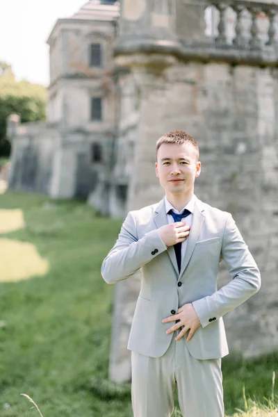 Confident smiling handsome Chinese man groom in gray suit posing on the background of old ancient castle — Zdjęcie stockowe