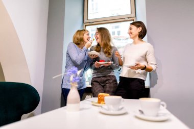 Birlikte kahve içip tatlı yiyorlar. Üç güzel kadın, kafenin penceresinin yanında duran lezzetli pastalı tabakları tutuyorlar. En iyi arkadaşlar buluşması. Kahveli kek.