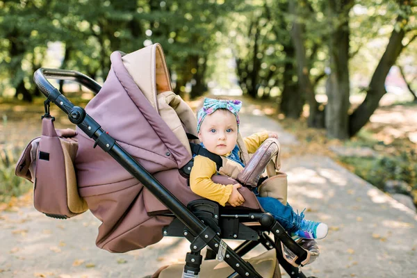 Χαριτωμένο κοριτσάκι σε καφέ μωρό μεταφορά στο πάρκο, το βράδυ ήλιο λάμψη — Φωτογραφία Αρχείου