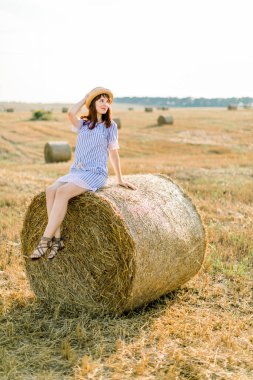 Sıcak yaz günlerinde saman balyasında oturan şapkalı ve yaz çizgili elbiseli çekici kızıl saçlı kız, arka planda buğday tarlası. Bir kadın başka tarafa bakıyor ve gülümsüyor