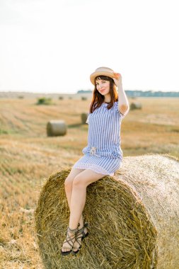 Hasır şapkalı, mavi çizgili elbisesi olan, saman balyasında oturan ve kameraya poz veren esmer, beyaz bir kız. Güzel buğday tarlasında genç bir kadının yaz portresi.