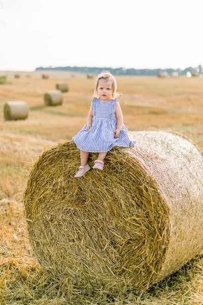 Full length portrait of cute pretty little baby girl in striped dress sitting on hay stack or bale on yellow wheat field background on sunny summer day. Baby at hay bales during summer harvest time — Stock Photo, Image