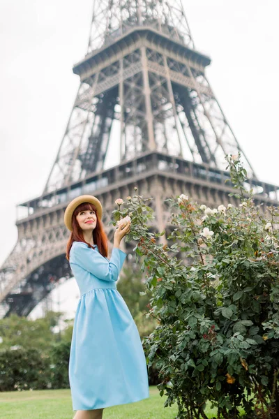 Krásná dívka v klobouku a elegantní modré šaty pózují v blízkosti keře růží venku, procházky v Paříži. Eiffelova věž na pozadí — Stock fotografie