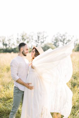 Yakışıklı sakallı adam ve hamile güzel karısı gün batımında açık havada yürüyorlar. Romantik aile, hamilelik kavramı