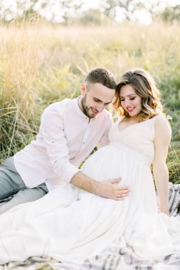 Güzel hamile kadın ve yakışıklı sakallı erkeği yaz otlağında bir battaniyenin üzerinde dinleniyorlar. Bir tarlada battaniyede oturan mutlu hamile çift.