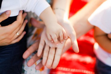 Çocuklarla dolu bir aile gün batımında yaz tarlasında yürüyorlar. Baba, anne ve iki çocuk yaz tarlasında eğleniyorlar. İnsanlar, aile günü ve yaşam tarzı konsepti
