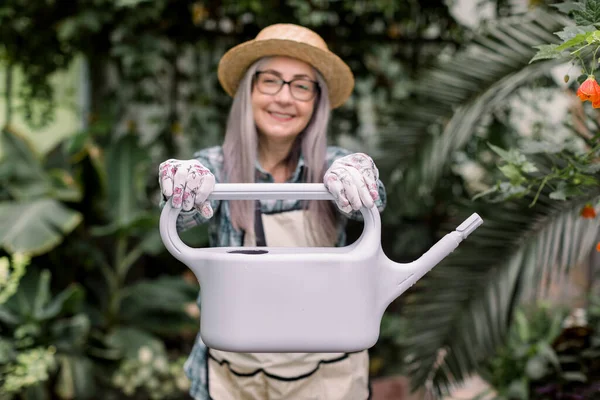 园艺和温室概念。美丽的白发苍苍的老妇人头戴草帽，戴着眼镜，头戴灰色的水壶，站在花盆里浇灌植物。把注意力集中在罐头上 — 图库照片