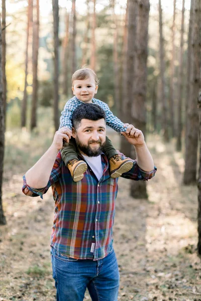 Mutlu neşeli bir aile, yakışıklı sakallı bir baba ve sonbahar parkında oynayan ve gülen küçük sevimli oğlu. Babasıyla küçük oğlu çam ormanında eğleniyor olmalı. — Stok fotoğraf
