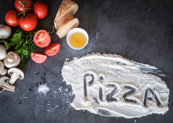 Food ingredients for pizza on black background, as tomatoes, cheeze or mushrooms