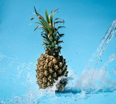 Mavi arka planda su sıçrama ananas
