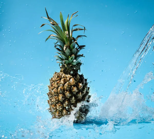 Pineapple in water splash on blue background