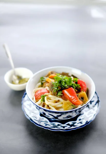 National Asian Tasty Dish Lagman Plate Table Background — Stock Photo, Image