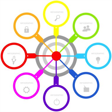 Vektör Infographic şablon sekiz seçenekleri ile. İş sunumları veya bilgi başlığı için dart ile hedef. Gökkuşağı renkleri.