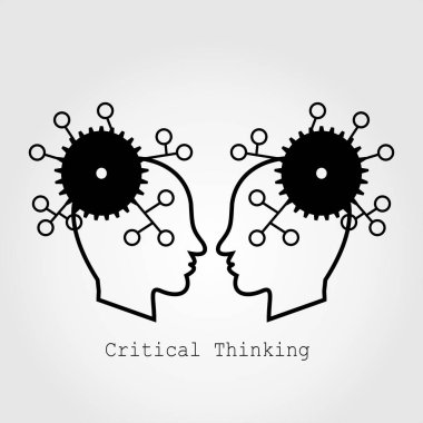 Eleştirel düşünme sembolü. Web, mobil veya Apps için kavram. Gears'ı ile baş profil. Düz simgesi için modern tasarım.