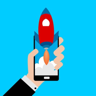 Bir smartphone bir roket ile holding iş adamı. Başlangıç kavramı. Düz tasarım, vektör çizim.