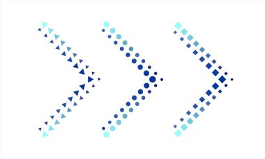 Daireler, kareler veya üçgen mavi gölge etkisi ile oluşan üç ok. Sağa veya sonraki işaretleyin. Vektör grafik illüstrasyon.