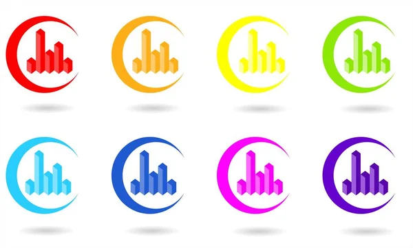Conjunto Iconos Círculo Con Diagrama Gráfico Colores Arcoíris Ilustración Gráfica — Vector de stock